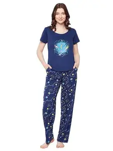 Clovia Women's Cotton Galaxy Print Top & Pyjama Set (LS0413N08_Blue_3XL)