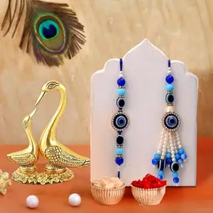 CraftVatika Evil Eye Rakhi for Brother and Bhabhi with Gift Set - Couple Rakhi for Bhaiya Bhabhi - Rakhi with Metal Swan Showpiece Gift Combo Set
