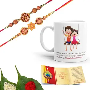 Chinove Rose and OM Elegant Design Handmade Rakhi’s for Brother and Bhabhi Set of 2 with Wishing Card, Roli Chawal and Printed Ceramic Mug (SM14)
