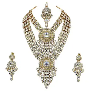 Lucky Jewellery Women's Designer Studded with Kundan and Sparkling Stones Double Necklace Set(1188-SSK-52000-W, White)