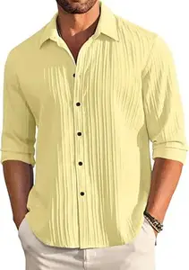 FINIVO FASHION Men's Casual Cotton Plain Button Down Shirt Long Sleeve Textured Summer Beach Shirt for Men