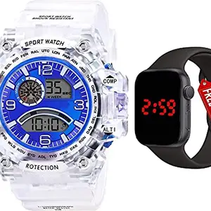 Acnos Plastic Premium Brand-A Digital Watch With Square Led Shockproof Multi-Functional Automatic Blue Dial White Strap Waterproof Digital Sports Watch For Men's Kids,Boys - Watch For Men Pack Of 2