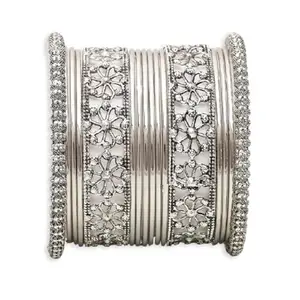 OOMPH Jewellery Combo of 16 Oxidised Silver Floral Design Bangle Set for Women & Girls Stylish Latest - Size 2.6 (BBA14_AMR1)