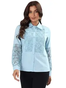 Schifley Women’s 100% Cotton Embroidered Shirt | Regular Fit | Long Sleeve | Button-Down Collar | Casual & Office Wear Shirt | Lace Panel Cotton Shirt