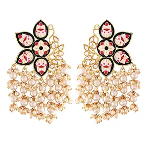 I Jewels 18k Gold Plated Meena Work Pearl Kundan Studded Drop Earring For Women (E2923B)