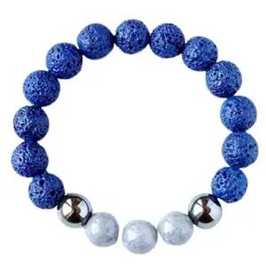 RRJEWELZ Unisex Bracelet 10mm Natural Gemstone Gray Jade & Blue Lava Round shape Smooth cut beads 7 inch stretchable bracelet for men & women. | STBR_03566