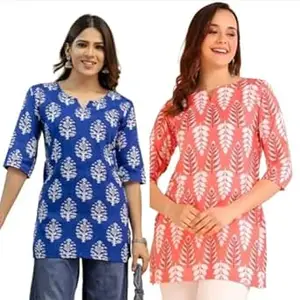 MS VHCK ENTERPRISE Women's Cotton Printed Short Kurti, Round Neck, Three Quarter Sleeve, Straight Fit, Pack of 2