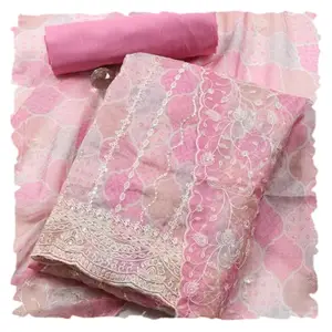 Meena Bazaar Women Pink Organza Embroidered Unstitched Suit Set With Dupatta