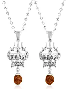 Uniqon (Set Of 2 Pcs) JAR0240-05 (Silver Color) Brown Beads Rudraksha God Religious Trishul Damru Symbol Lord Shiva Mahadev Bolenath Mahakal Pendant Locket Necklace With Ball Chain