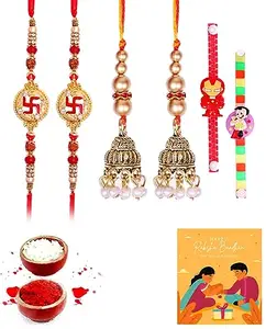 Clocrafts Two Bhaiya Bhabhi Rakhi and Two Kids Rakhi Gift Set With Greeting Card and Roli Chawal for Tilak-2BB2KS167