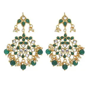 I Jewels Gold Plated Traditional Kundan & Pearl Drop Chandbali Earrings for Women (E2022G)