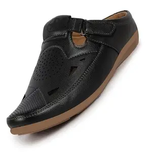 FAUSTO FST FOSMS-2119 BLACK-45 Men's Black Back Open Perforated Breathable Contrast Sole Casual Sandal|Adujstable Strap Stitched Slip On Sandal (11 UK)