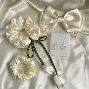 Premium Satin Hair Accessories Gift Set | Scrunchies, Bow with Pearl Embellishment & Elegant Pearl Earrings | Tulip Scrunchie | Perfect for Gifting & Special Occasions | Birthday Gift Hamper for girls (Cream, large)