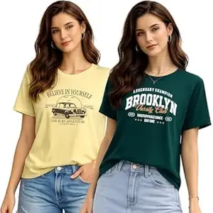 London Hills Women’s Loose Fit Printed Cotton T-Shirt Pack of 2 | Casual Round Neck Half Sleeve Graphic Tee | Breathable Summer Top for College, Travel & Outing