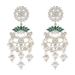 Make Memory Gold Plated Traditional Meenakari Lotus Floral Design Kundan Pearl Drop Dangle Earrings For Women/Girls