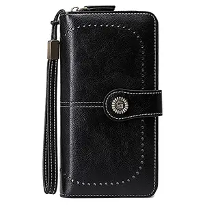 INKMILAN Bookven Double Flap Women's PU Leather Credit Card Holder with RFID Blocking Large Capacity Wristlet (Black)