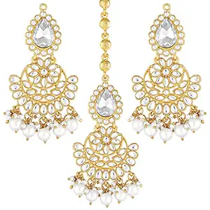 Peora Gold Plated Kundan White Pearl Chandbali Earring Maang Tikka Jewellery Set for Women