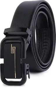 TPM Men's Leather Belt with Automatic Buckle, Black, Adjustable Size, Business Casual Style, Ratchet Mechanism