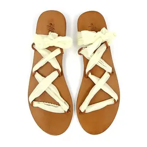 Etiket Etiket Moon River- Off White Fully Adjustable Viscose Tie Up Flat Sandal For Women - (Perfect for Normal and Wide Foot)