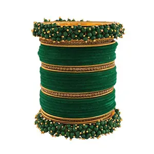 I Jewels 18K Gold Plated Traditional Green Velvet Chuda Bangle Set With Pearl Kada for Bridal/Women/Girls (Pack of 1) (ADB315G-b) (Green)