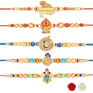 De Marquis Send Rakhi for Brother (Pack of 5) Roli-Chawal Pack, Best Wishes Greeting Card (HAPPY RAKSHABANDHAN)