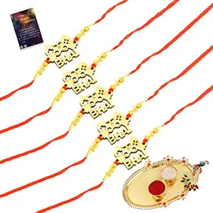Elegant Bhaiya Rakhi " BHAI" Designe For Bhaiya/Brother/Bhai With Pooja Thali with Roli Chawal, 1 Greeting Card Pack of 5-715