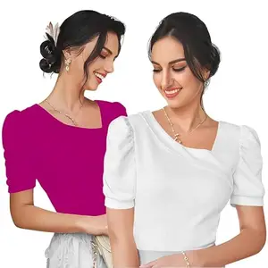 Dream Beauty Fashion Women's Asymmetric Neck Puff/Balloon Bishop Sleeve Elegant Casual Tee Top - Pack of 2 (Combo-Paris Rani Pink & White-XS)