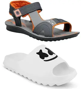 Liboni Men's Orange Grey Casual Sandals & Comfort Flip-Flops White Slippers Cobmo pack of- 2 (8)