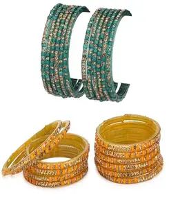 Somil Combo Of Party & Wedding Colorful Glass Bangle/Kada, Pack Of 24, Radium & Yellow