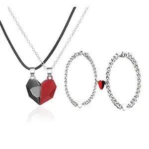 VIEN 2 Pair of Love Matching Necklace & Bracelet Two Souls One Heart Pendant Necklaces Magnetic Matching Heart Bracelet