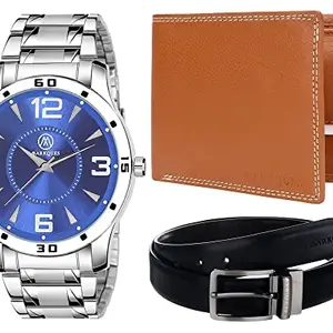 MARKQUES Stainless Steel Chain Men's Watch, Leather Wallet and Belt 3 in 1 Combo Festival Gift Set for Men and Boys (BON-770509-SPT-04-NL-01)