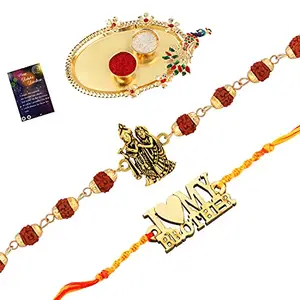 Rakhi Rudraksh Rakhi,With Stylish" I LOVE MY BROTHER" With Roli Chawal And Greeting Card 1 Kankawati Pooja Thali -1251