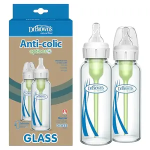 Dr. Brown's Anti-Colic Options+ Narrow Glass Baby Bottle with Level 1 Slow Flow Nipple, BPA-Free, 8 oz/250 mL, (2)