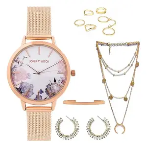 Joker & Witch Stainless Steel Women Kylo Love Stack Analogue Watch Gift Set, White Dial, Rose Gold Band