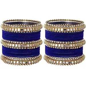 GoVika Traditional Bangle Kada with Mini Pearl & Metal Velvet Added Bangles Set For Woman & Girls Jewellery (Navy Blue, 2.6)