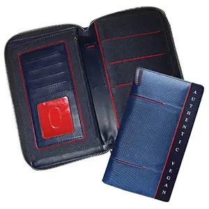VEGAN Blue Fabric & Leather RFID Protected Passport||Document||Card Holder Wallet for Men & Women