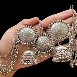 Silver Jhumki Earrings With Saharah Chain & Maang Tikka For Women & Girls Silver Color Set of 1