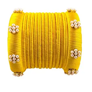 pratthipati's Hand Craft Silk Thread Bangles Plastic Bangle Set For Women(Yellow) (Pack of 14) (Size-2/2)