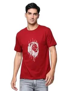 STATUS MANTRA Cotton Printed T Shirt for Men | 100% Cotton | Half Sleeves Round Neck Lion Face Outfit Maroon Small