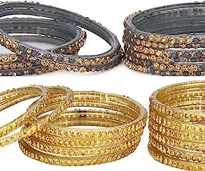 AFAST Combo Of Party & Wedding Colorful Glass Bangle/Kada, Pack Of 24, gray,Golden