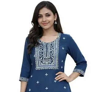 Women's Blue Embroidered Cotton Blend Kurta, A-Line Tunic with 3/4 Sleeves, Floral Print Traditional Indian Ethnic Dress