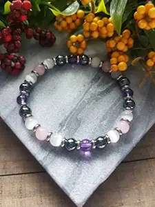 LKBEADS Natural Amethyst, Selenite, Rose Quartz & Black Onyx 8mm Round Shape Smooth Cut Beads 7.5 inch Stretchable Bracelet for Men & Women.|STBR_RR_00619_7.5