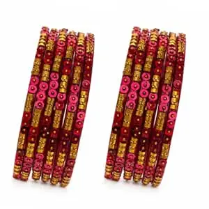 Glass Bangles Set for Women (12 Pieces) | Traditional Designer Chudi with Sequin & Gold Bead Work | Sizes 2.4/2.6/2.8 | Wedding, Bridal & Festive Jewellery