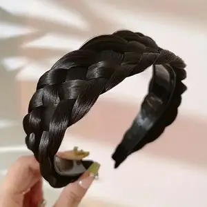 PARTYCART 1pcs Twist Braid Wig Headbands For Women Wide Fishbone Braids Hairbands Handmade Styling Accessories Headwear Hoop Hair Head (Color :Natural Black, Size : Free size)