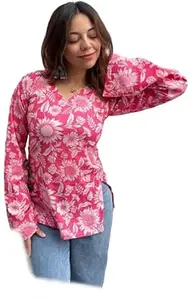 Garg ENTERPRISE'S Women's Square Neck Full Flutter Sleeves Regular Fit Waist Length Short Kurti_Pink_22