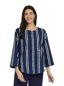 Pink Fort Cotton Dabu Striped Boxy Top - Indigo