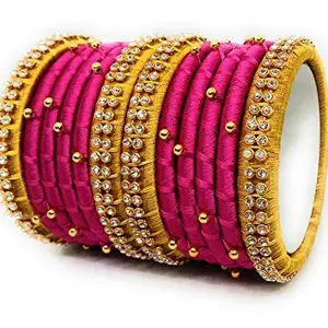 thread trends plastic Base Metal Pearl Bangle Set For Women (Pink & Yellow) (Pack of 12)