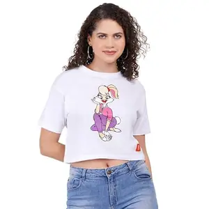 DNA Fashions Cartoon Printed Crop T-Shirt - Stylish Half Sleeve Top, Trendy Women's Tee with Comfortable & Fashionable Relaxed Fit - White