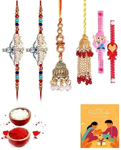 Clocrafts Two Bhaiya Bhabhi Rakhi and Two Kids Rakhi Gift Set With Greeting Card and Roli Chawal for Tilak-2BB2KS208