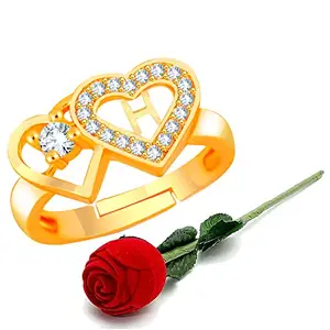 MEENAZ Rings for Women Girls Men Couple girlfriend Wife lovers Valentine Gift propose CZ AD American diamond Adjustable Love Heart Initial Letter Name Alphabet H Gold finger Ring Red Rose Box Set-714